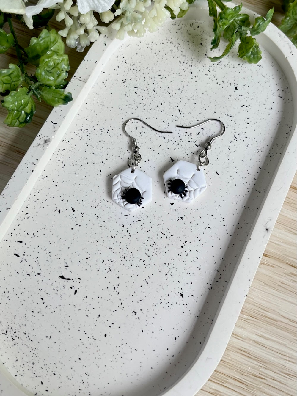 White Dangle with Black Spider Earrings