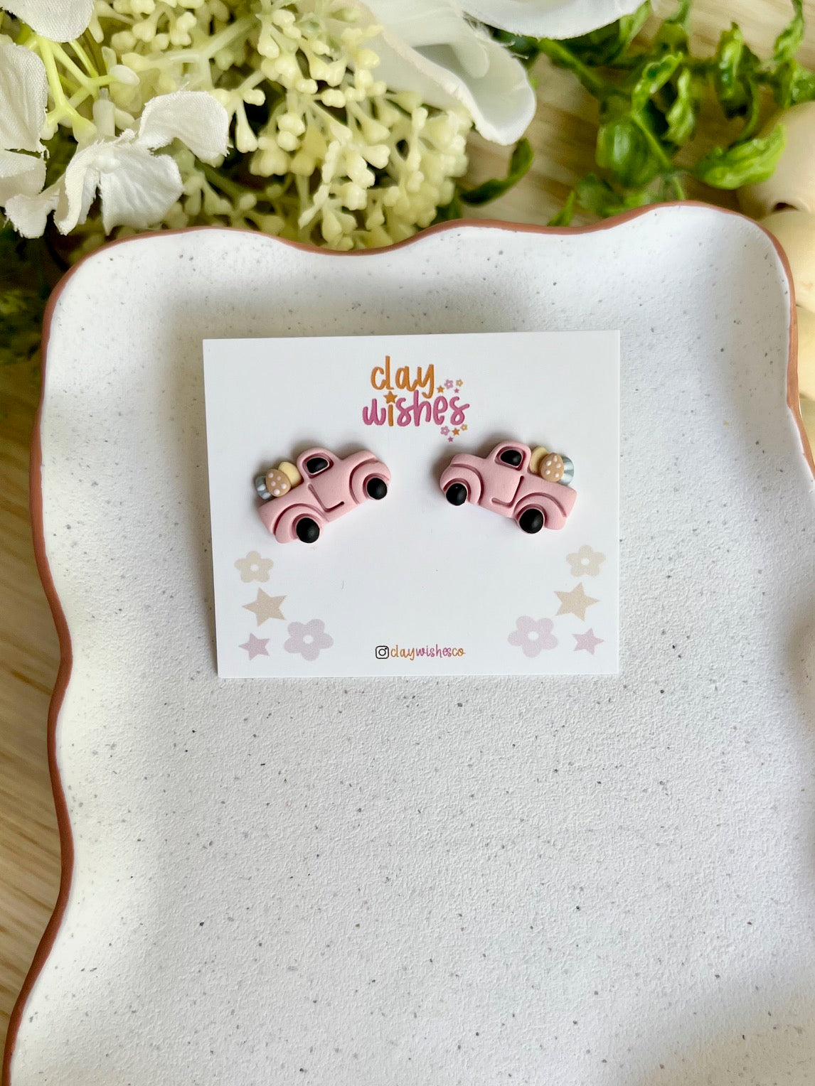 Pink Trucks with Eggs Stud Earrings