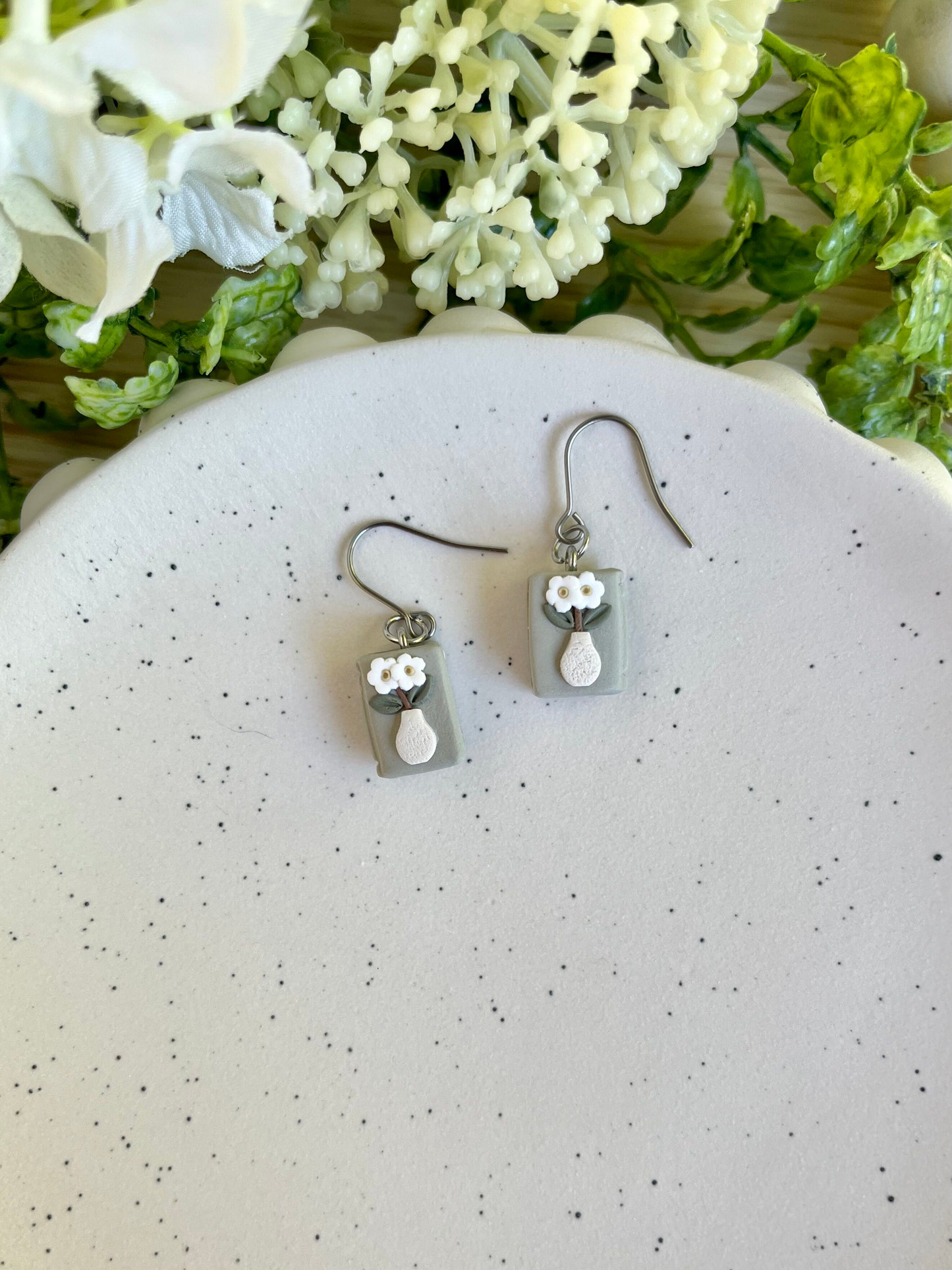 Book Earrings with White Flowers