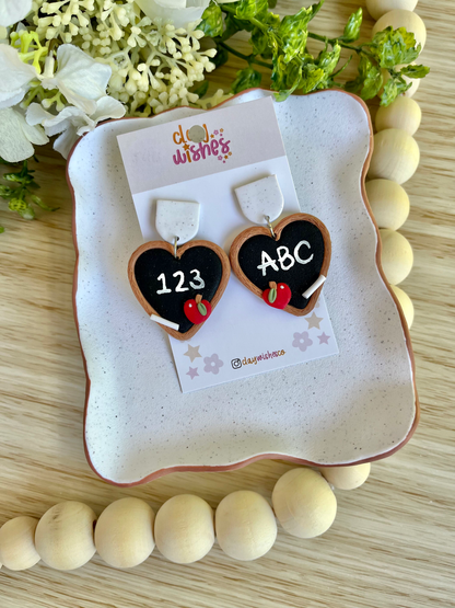 Chalkboard Heart Earrings with Red Apples