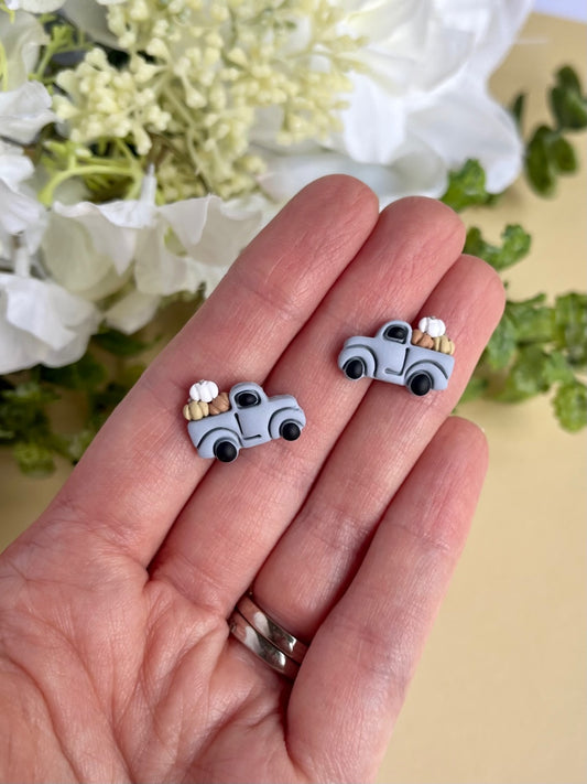 Blue Truck with Pumpkins Stud Earrings