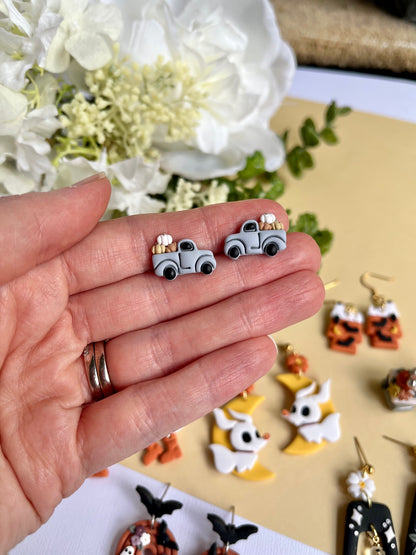 Blue Truck with Pumpkins Stud Earrings