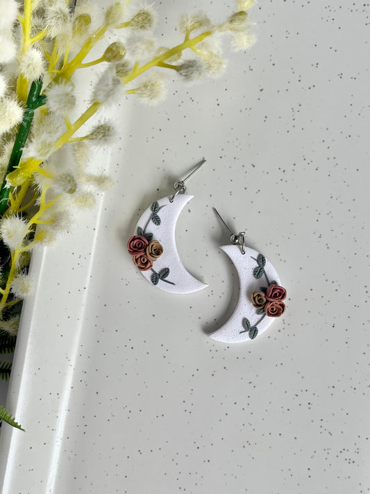 White Crescent Moon Rose Earrings