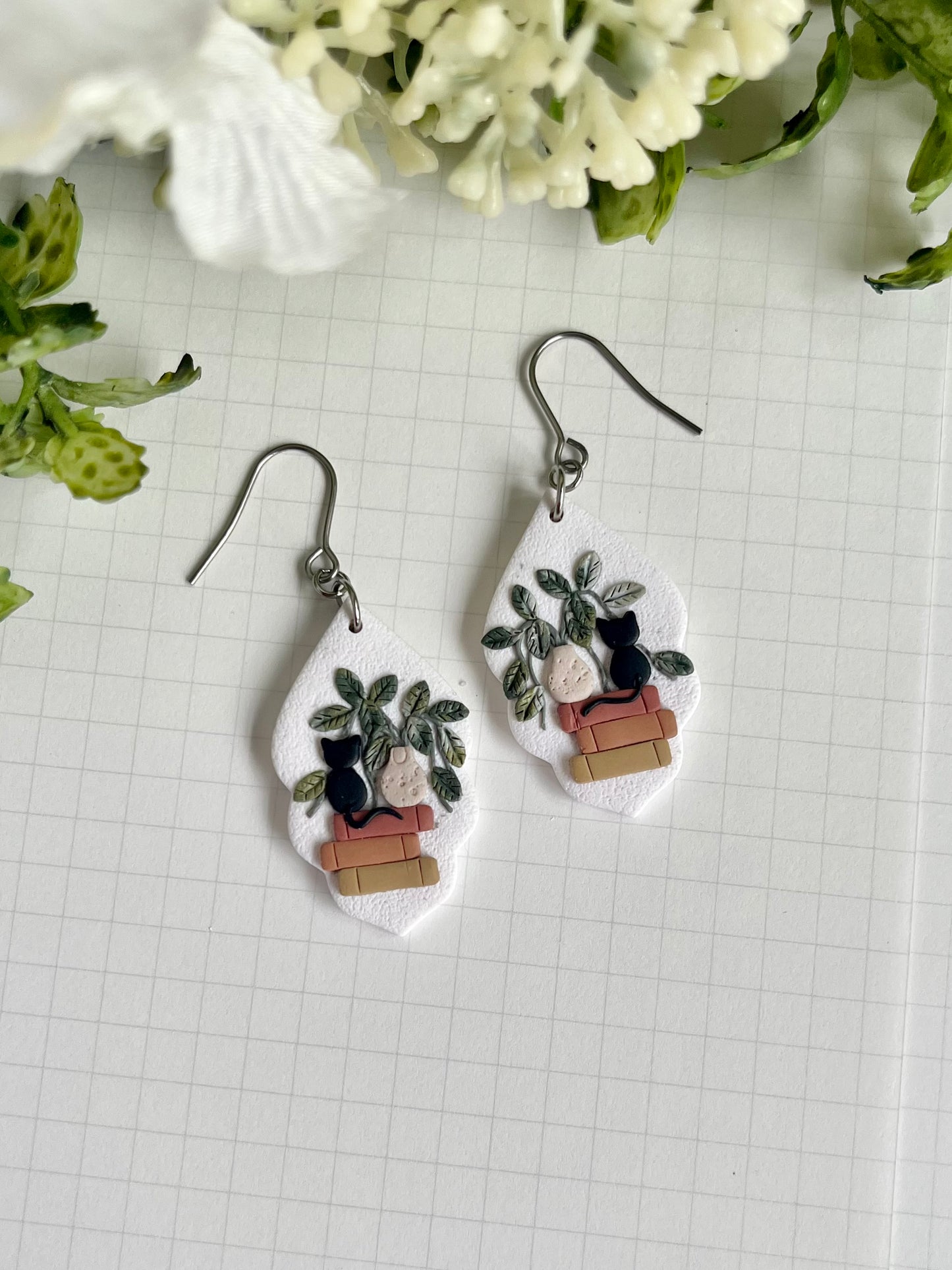 Plant Book Stack with Black Cat Earrings