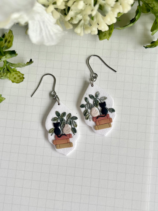 Plant Book Stack with Black Cat Earrings