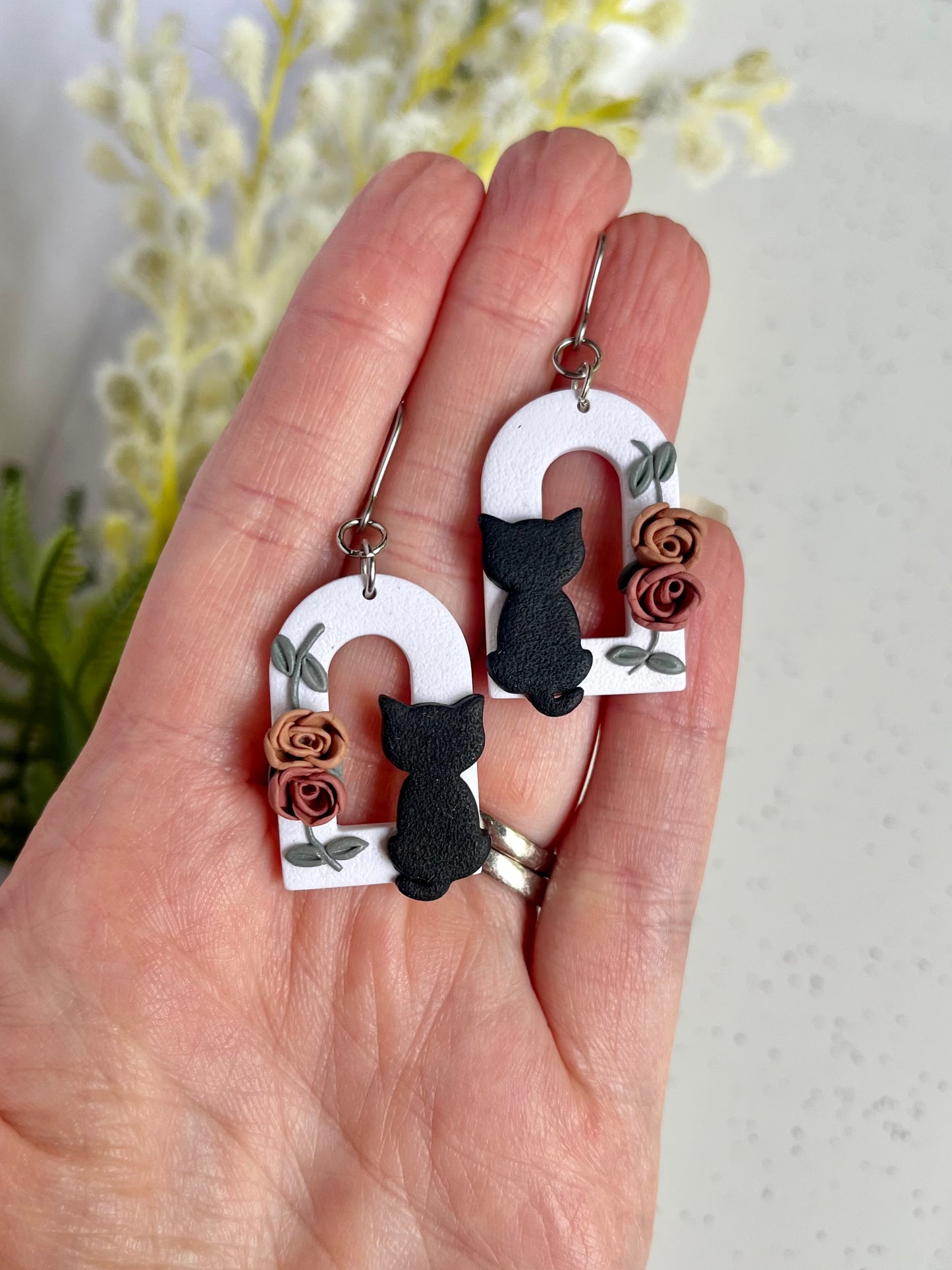 Black Cat and Rose Arch Earrings
