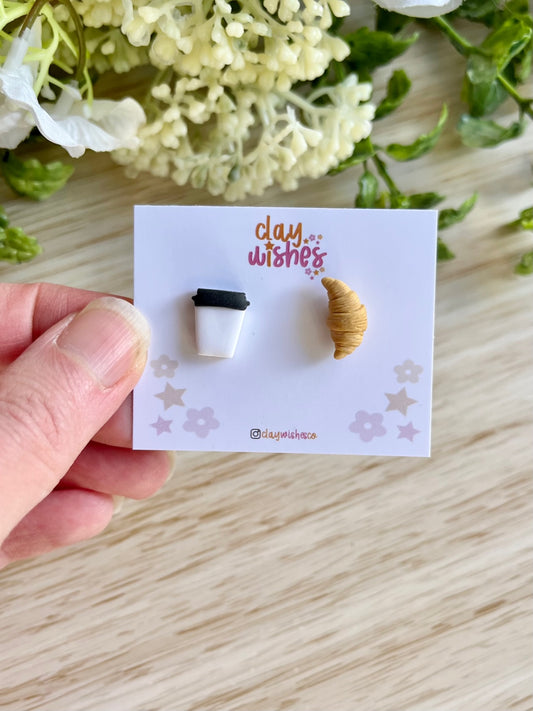 Coffee and Croissant Mismatch Stud Earrings