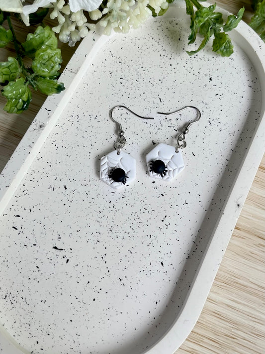 White Dangle with Black Spider Earrings
