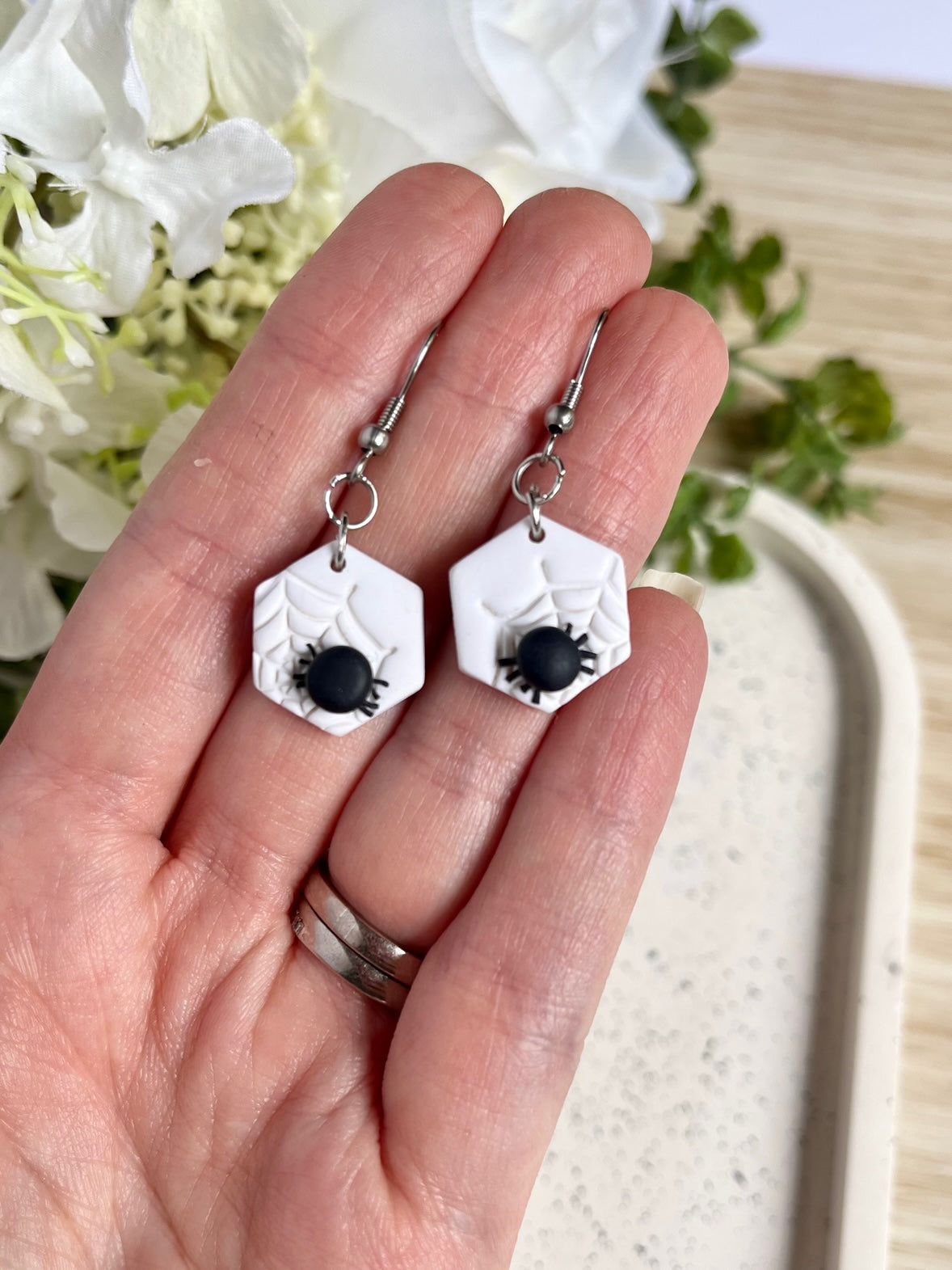 White Dangle with Black Spider Earrings