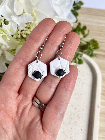 White Dangle with Black Spider Earrings