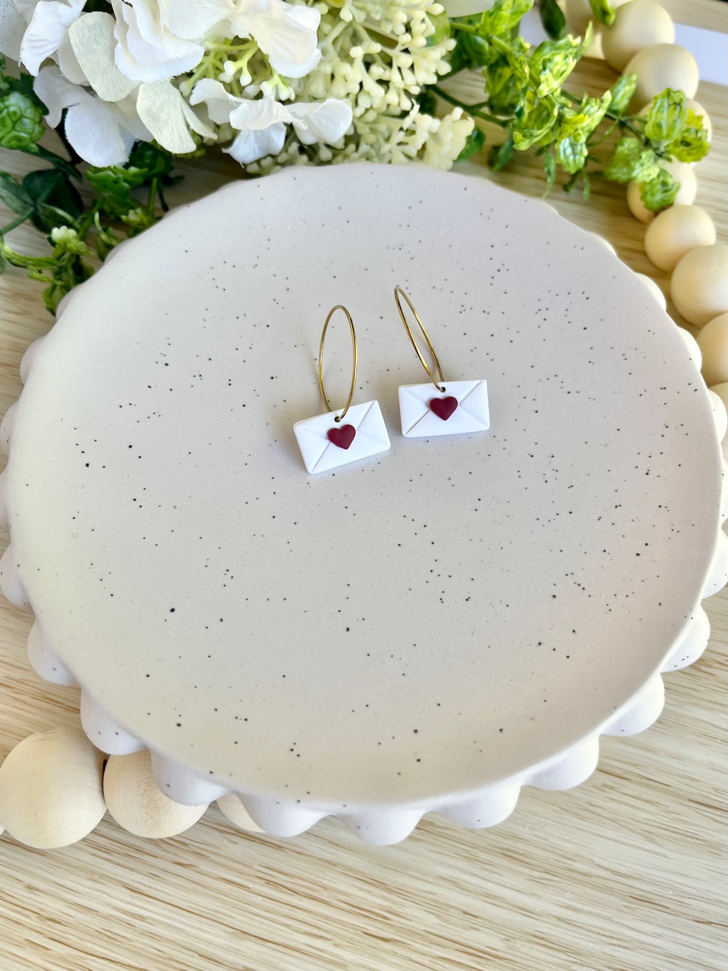White Envelope with a Red Heart Hoop Earrings
