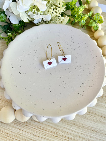 White Envelope with a Red Heart Hoop Earrings