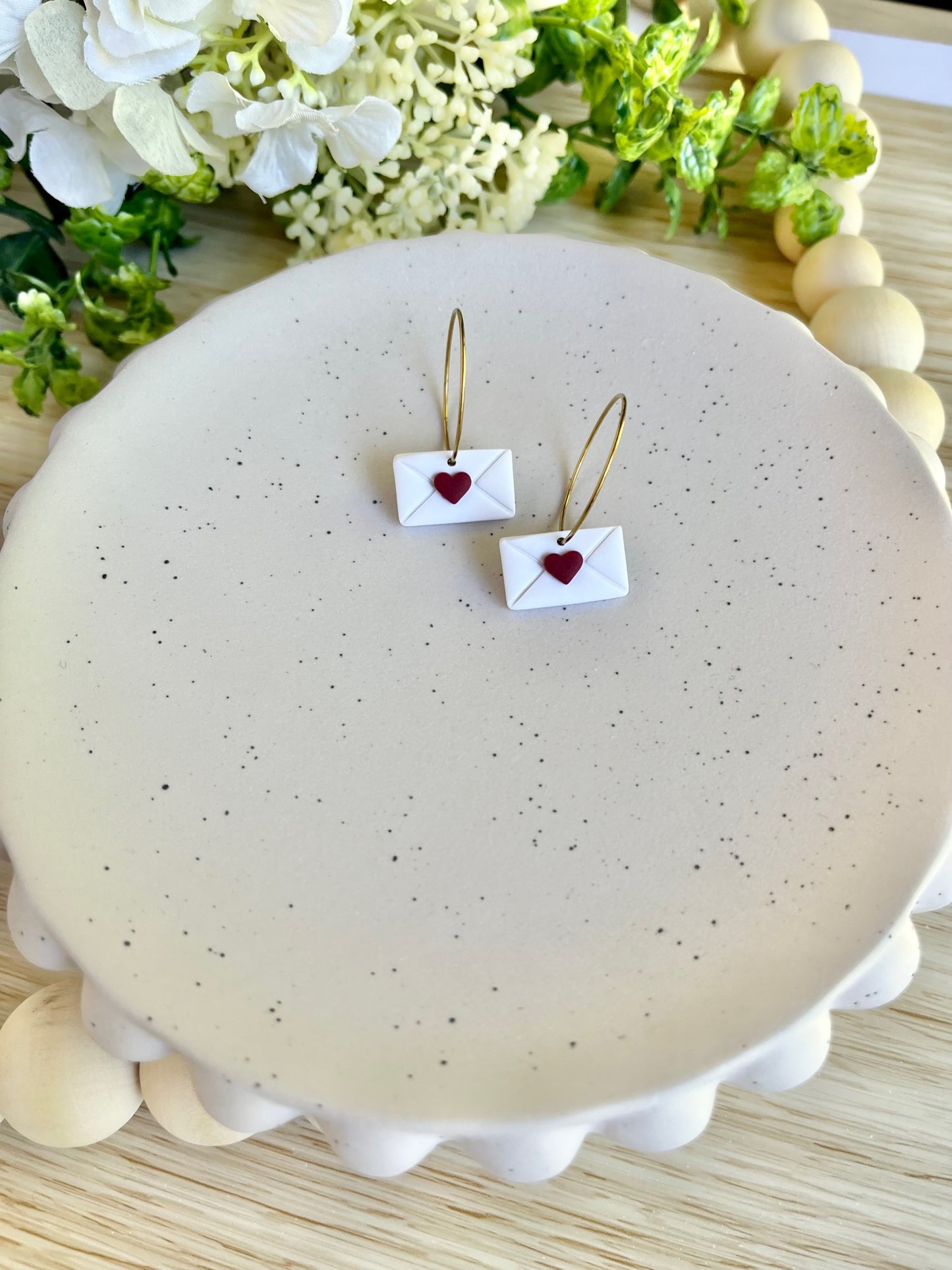 White Envelope with a Red Heart Hoop Earrings