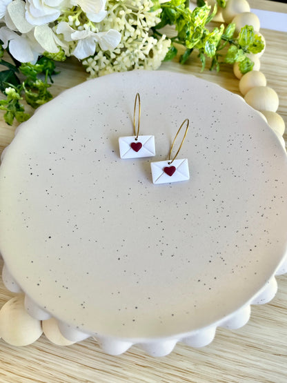 White Envelope with a Red Heart Hoop Earrings