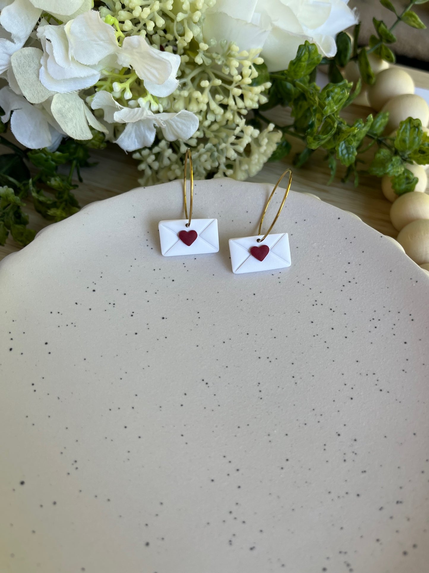White Envelope with a Red Heart Hoop Earrings