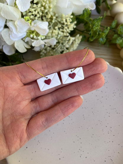 White Envelope with a Red Heart Hoop Earrings