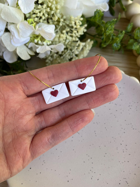 White Envelope with a Red Heart Hoop Earrings