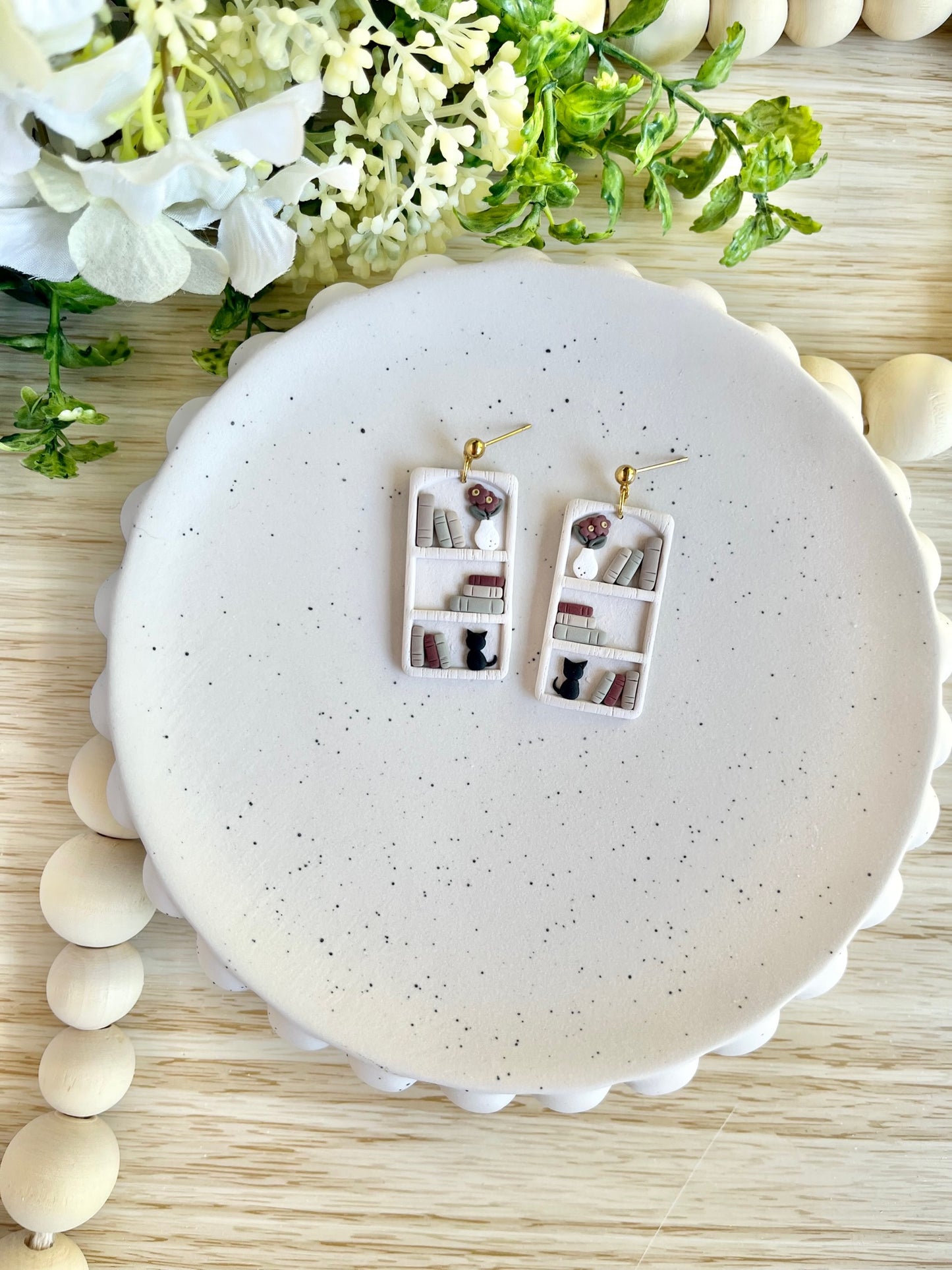 Bookshelf Earrings: Black Cat, Flower Pot and Books