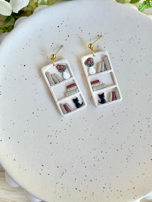 Bookshelf Earrings: Black Cat, Flower Pot and Books