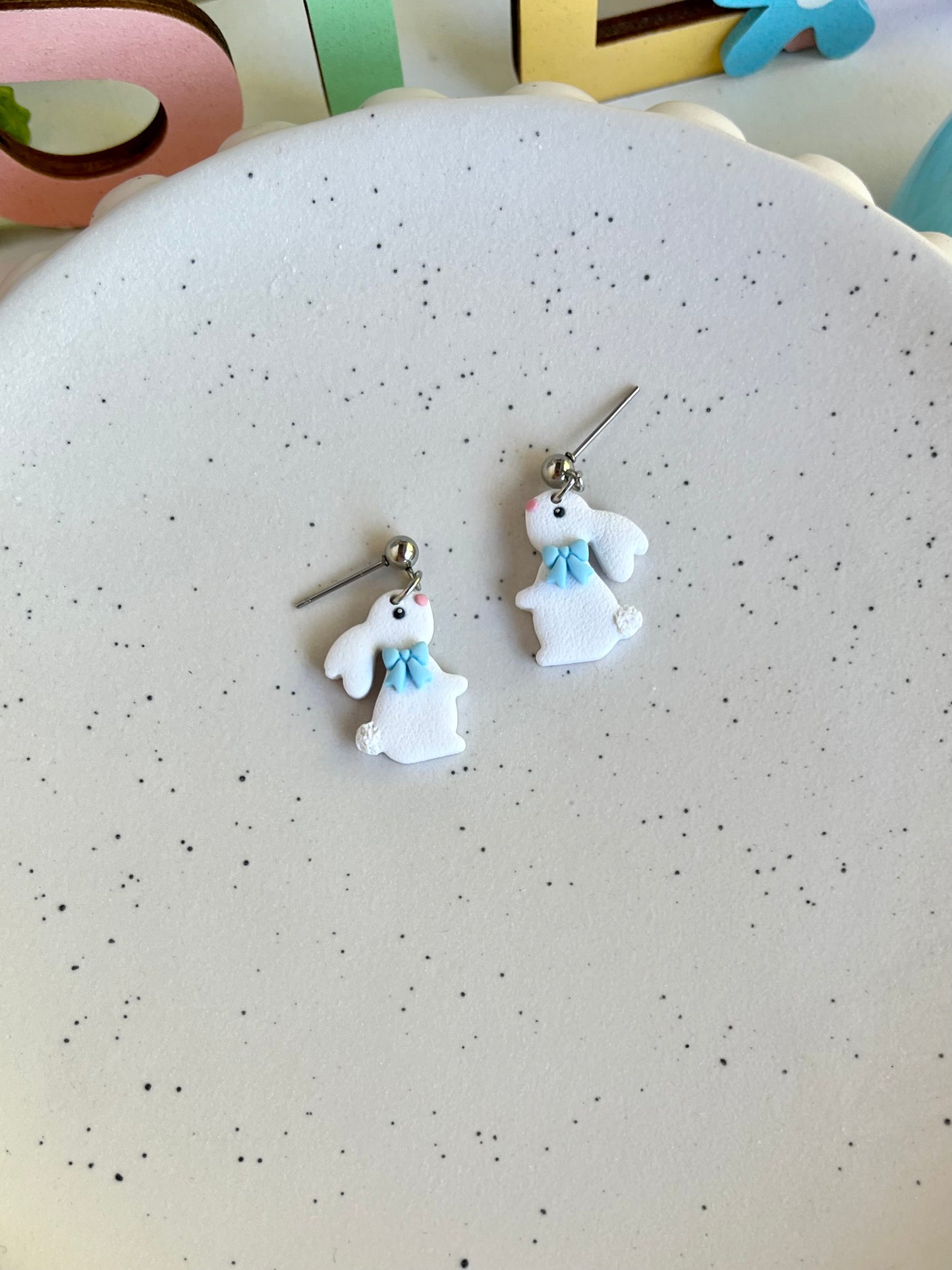 White Rabbits with Blue Bows Earrings