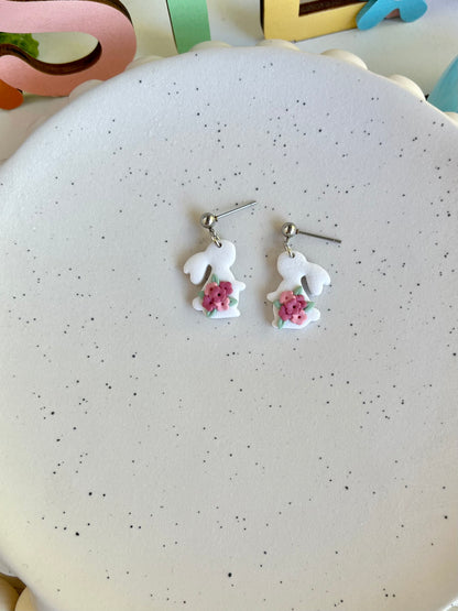 White Rabbits with Pink Flowers Earrings