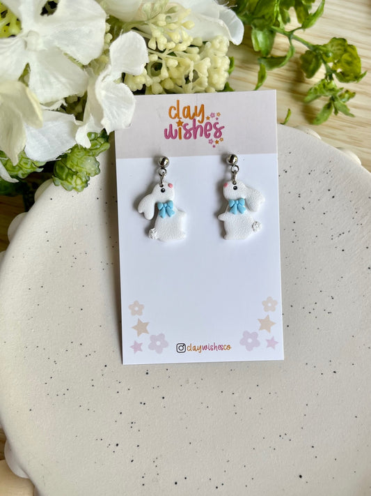 White Rabbits with Blue Bows Earrings