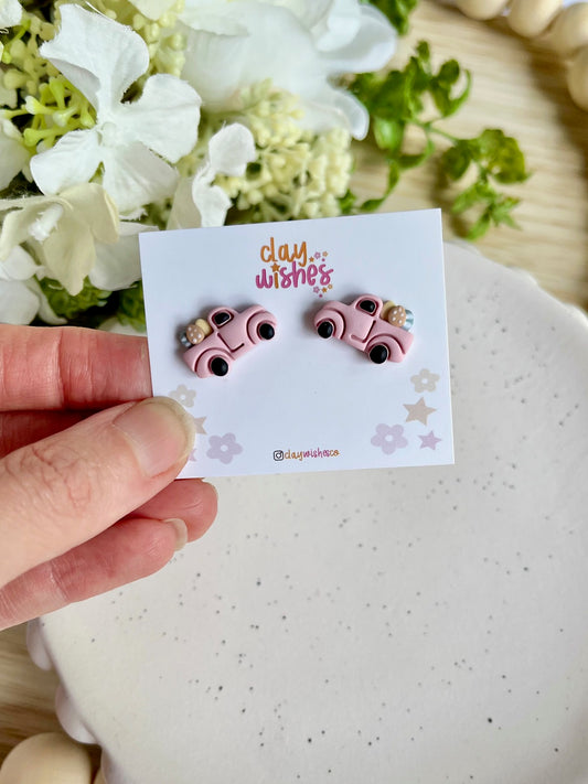 Pink Trucks with Eggs Stud Earrings
