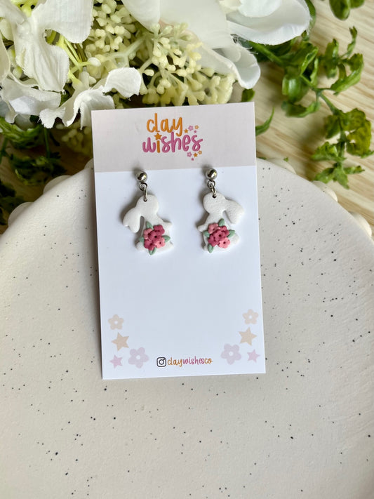 White Rabbits with Pink Flowers Earrings