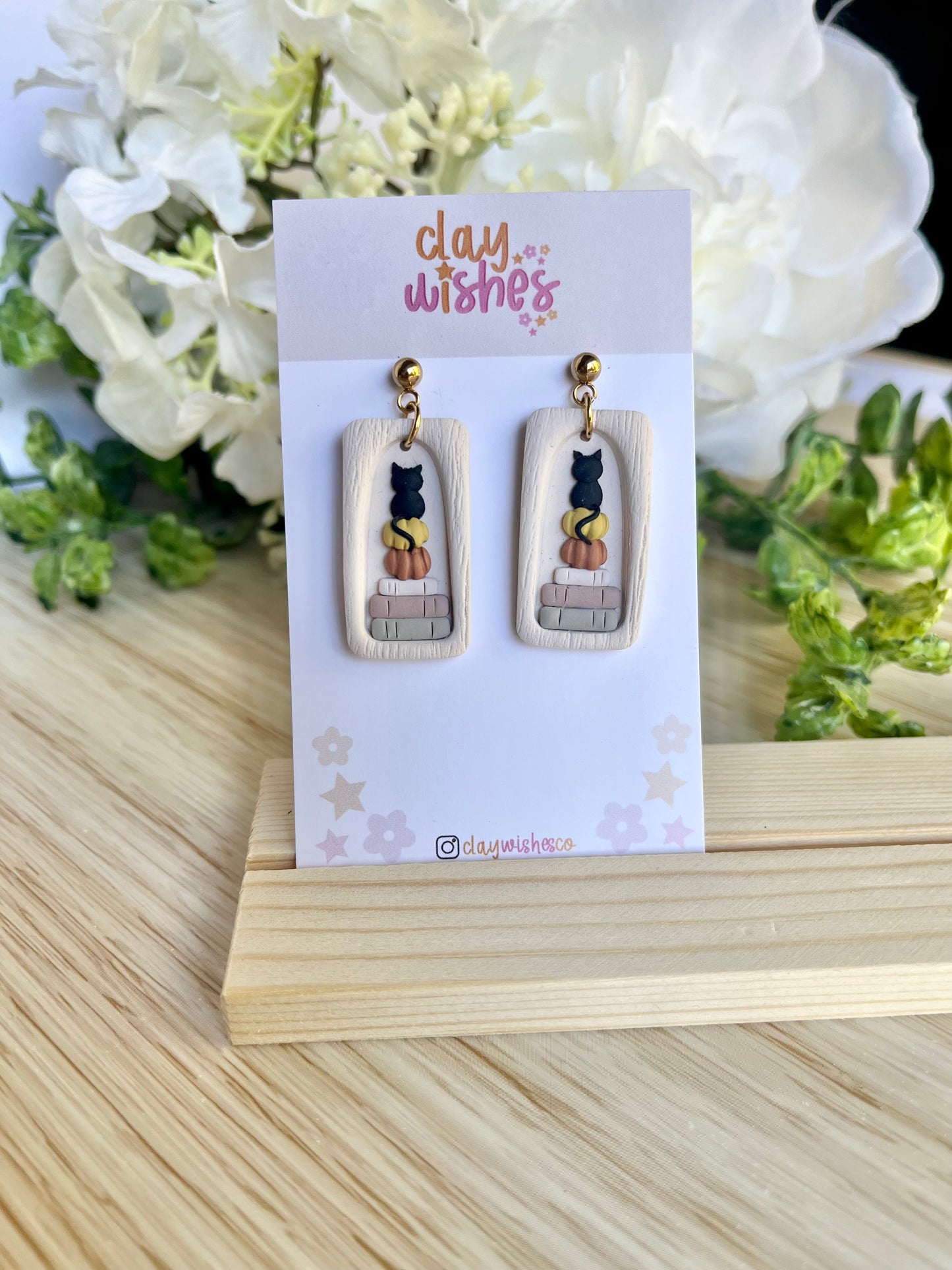 Bookshelf Earrings with Black Cats and Pumpkins