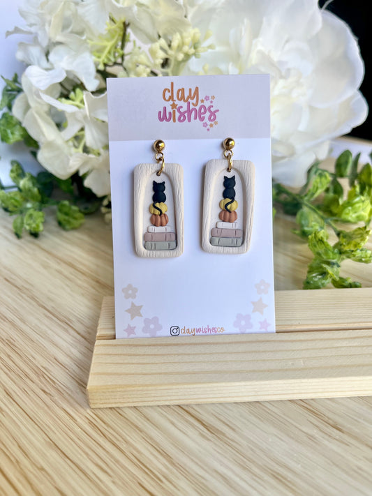 Bookshelf Earrings with Black Cats and Pumpkins
